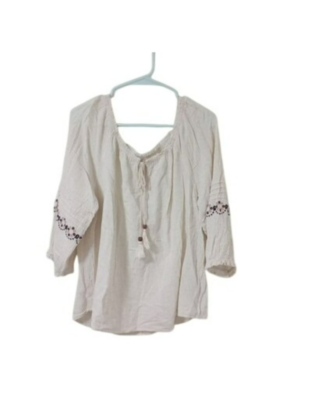 Boho-Inspired Womens Blouse Embroidered Sleeves Tassel Tie Beige Linen Blend